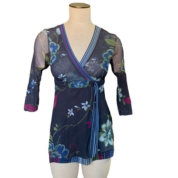 Sweet Pea Floral Stretch mesh Sz S BOHO Mesh Y2K Surplice Blouse #224D - Picture 1 of 8